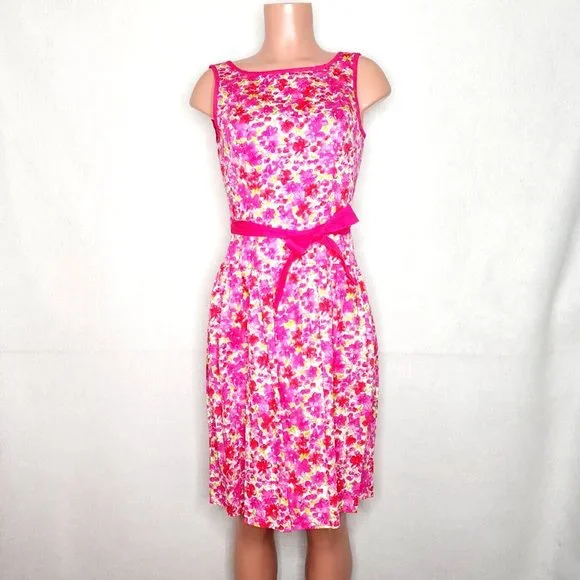 Mica | Dresses | Mica Pink Floral Drop Waisted Dress Tie Waist Deep V Back  Sleeveless | Poshmark